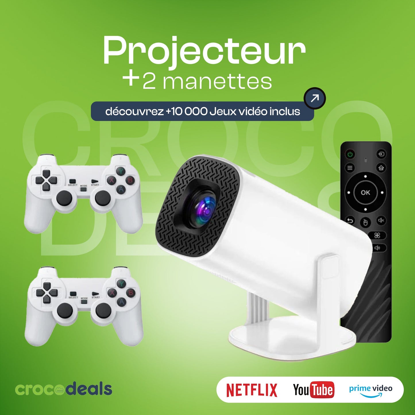 Projecteur 4K + 2 manettes (Smart TV Intégrée + Android + Console 25 000 Jeux vidéo)