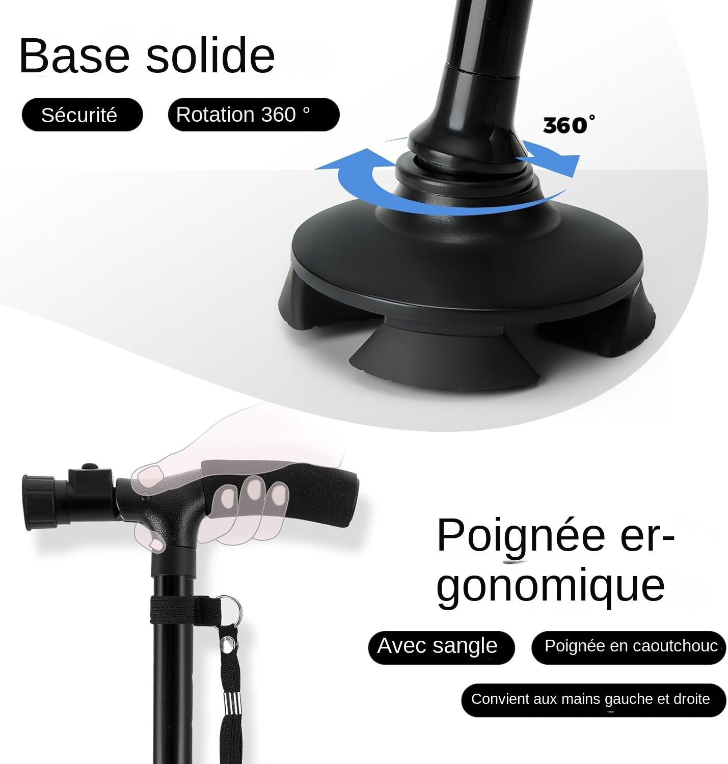 Canne de Marche Pliable Multifonctionnelle - Antidérapant réglable avec Lumière LED