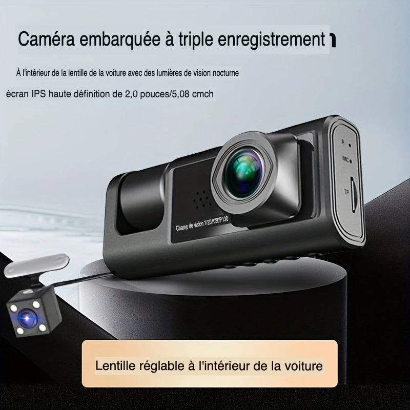 Caméra de Surveillance WIFI Voiture 3 Cameras 1080P – Vision Totale Avant/Intérieur/Arrière + Vision Nocturne & Parking 24H