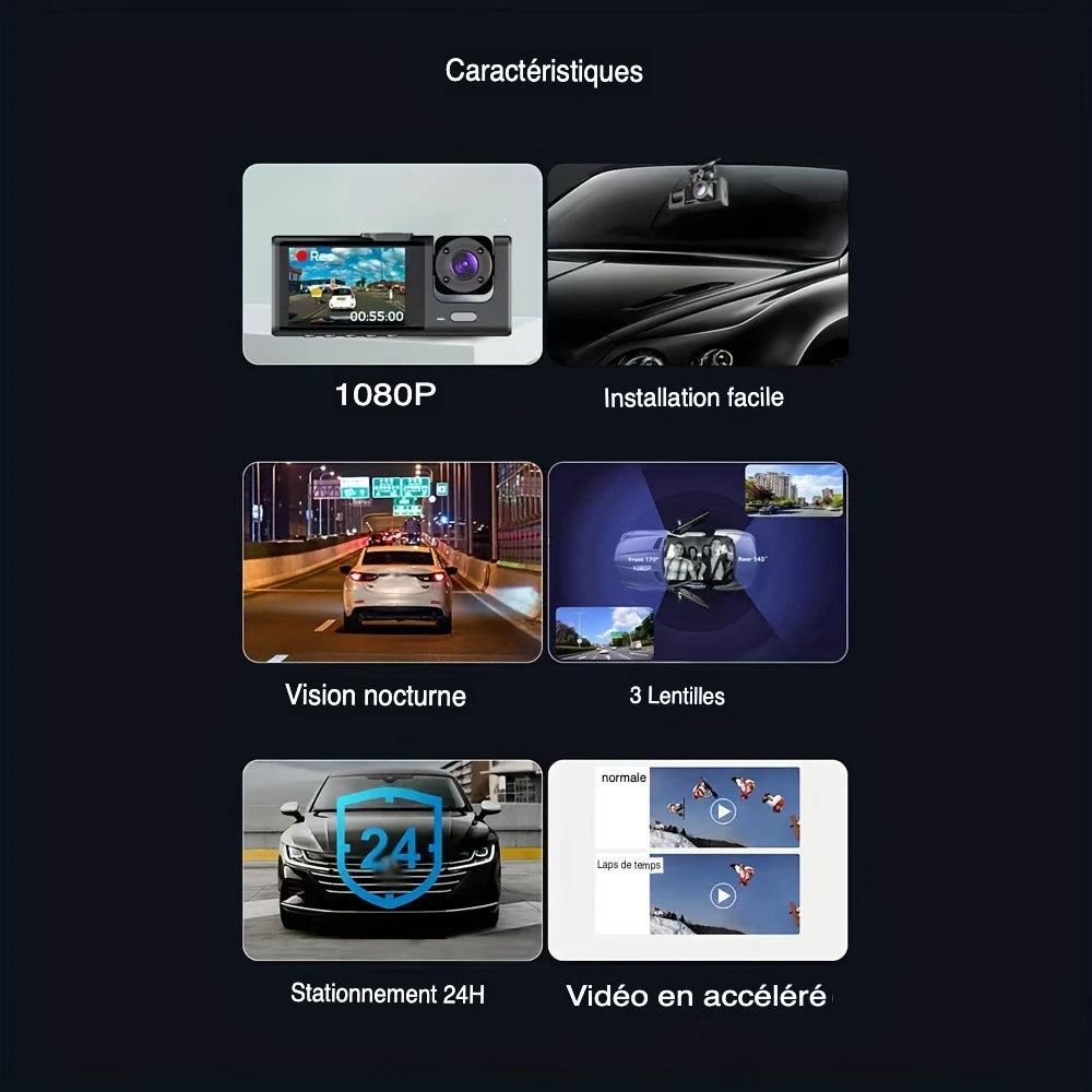 Caméra de Surveillance WIFI Voiture 3 Cameras 1080P – Vision Totale Avant/Intérieur/Arrière + Vision Nocturne & Parking 24H