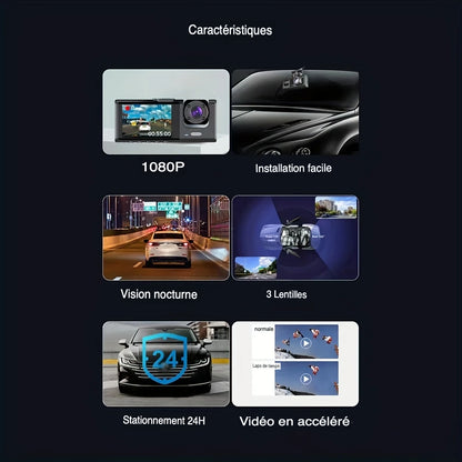 Caméra de Surveillance WIFI Voiture 3 Cameras 1080P – Vision Totale Avant/Intérieur/Arrière + Vision Nocturne & Parking 24H