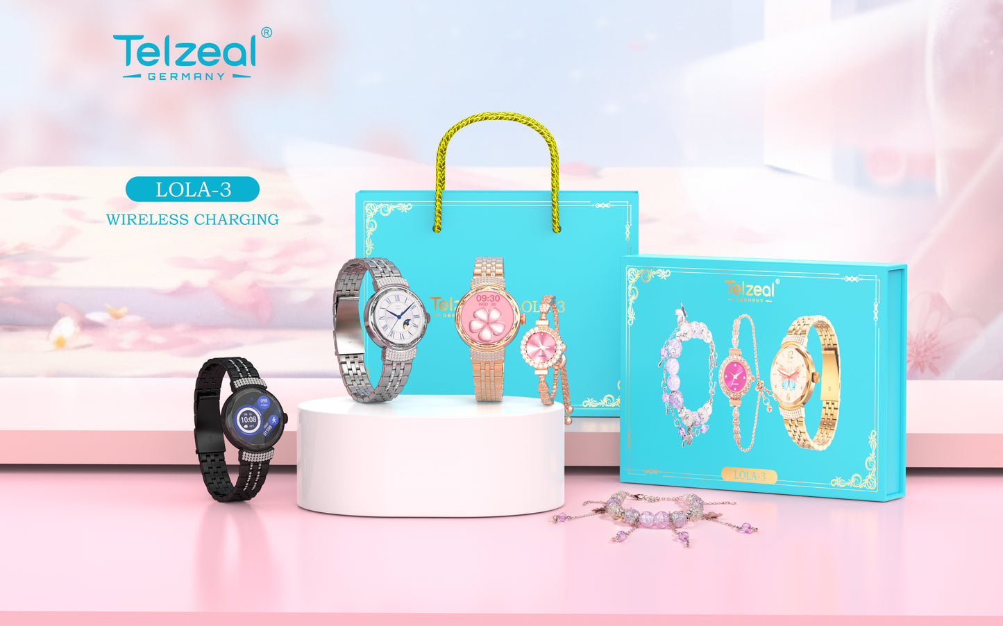 ✨ Coffret Cadeau Luxe Telzeal LOLA-3 | Marque Allemande | Montre Connectée, Bijoux & Recharge Sans Fil