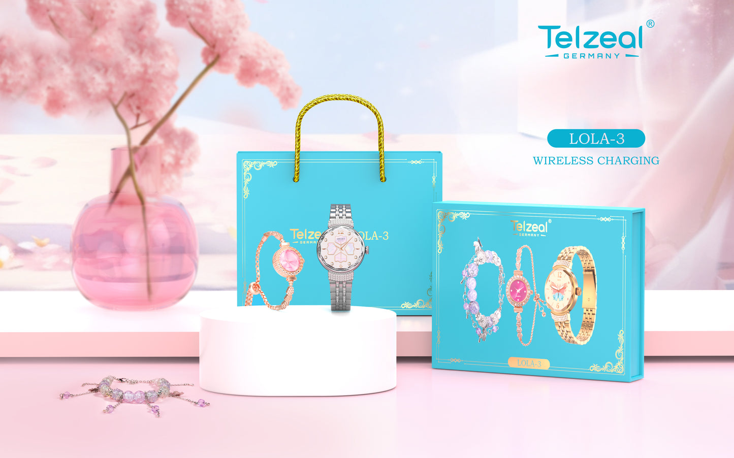 ✨ Coffret Cadeau Luxe Telzeal LOLA-3 | Marque Allemande | Montre Connectée, Bijoux & Recharge Sans Fil