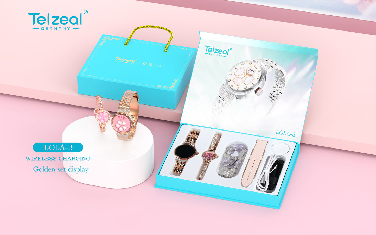 ✨ Coffret Cadeau Luxe Telzeal LOLA-3 | Marque Allemande | Montre Connectée, Bijoux & Recharge Sans Fil