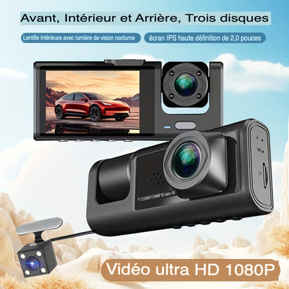 Caméra de Surveillance WIFI Voiture 3 Cameras 1080P – Vision Totale Avant/Intérieur/Arrière + Vision Nocturne & Parking 24H
